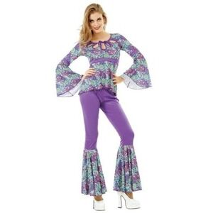 NEW Hauntlook Disco Diva Costume Adult XL Purple Floral‎ Shirt & Pants Halloween